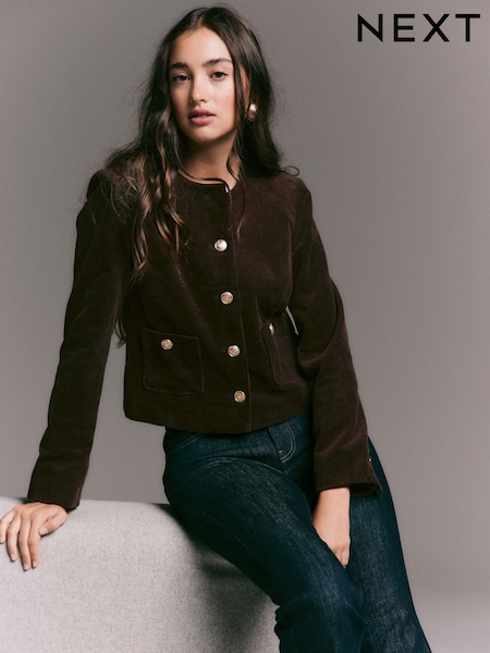 Chocolate Brown Cord Collarless Jacket (F79446) | €56