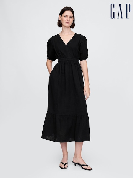 Черный - Gap Crinkle Gauze 100% Cotton Open-Back Puff Sleeve Midi Dress (F79500) | €66