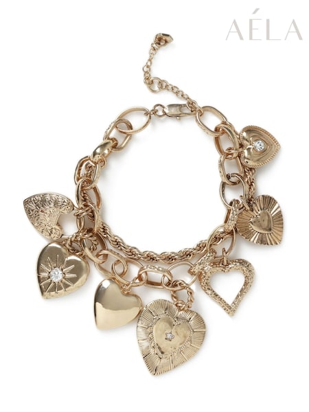 Aela Gold Tone Multirow Heart Charm Bracelet (F79587) | ‏101‏₪