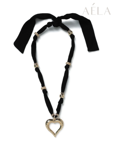 Aela Heart Pendant Long Cord Fabric Black/Gold Tone Necklace (F79609) | €40