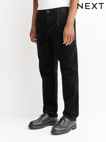 Black Regular Tapered Fit Corduroy Single Pleated Trousers (F79666) | €42