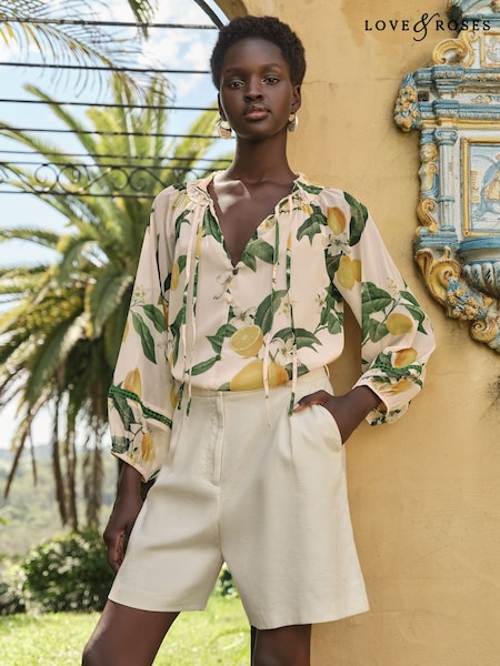 Love & Roses Lemon Yellow Printed Shirred Notch Neck Long Sleeve Blouse (F79687) | 198 QAR