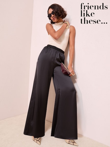 Friends Like These Black Palazzo Super Wide Leg Satin Trousers (F79725) | €60