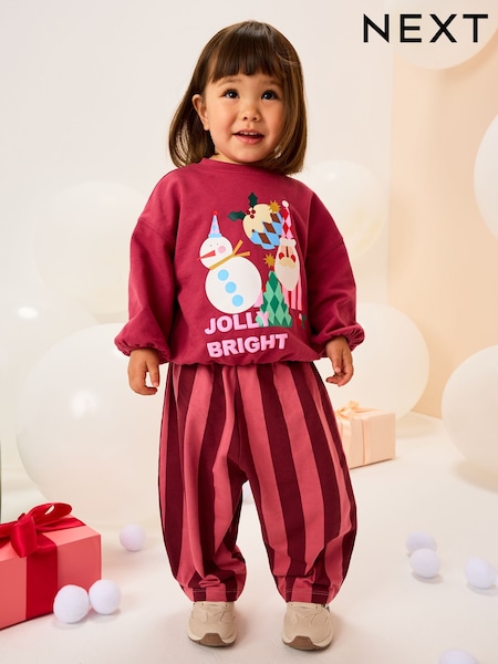 Burgundy Red Santa Long Sleeve Top and Barrel Trousers Set (3mths-7yrs) (F79945) | AED71 - AED91