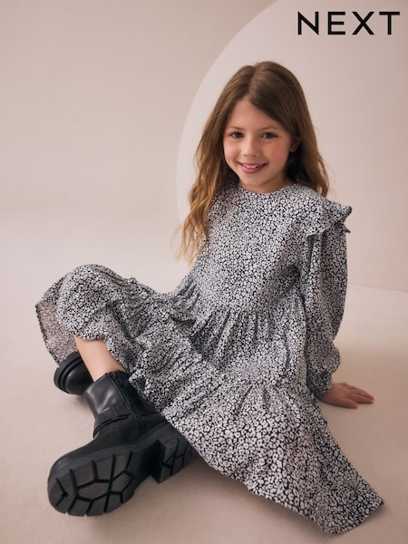 Black/White Long Sleeve Ruffle Dress (3-16yrs) (F80060) | €21 - €28