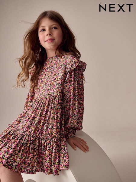 Berry Pink Ditsy Long Sleeve Ruffle Dress (3-16yrs) (F80061) | €24 - €32