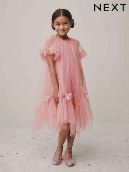 Pink Mesh Bow Occasion Dress (3-16yrs) (F80171) | 124 QAR - 153 QAR