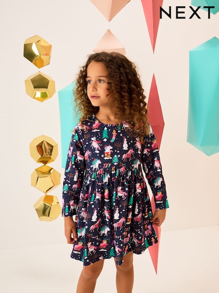 Navy Unicorn Christmas Long Sleeve Jersey Dress (3-16yrs) (F80177) | 54 QAR - 79 QAR