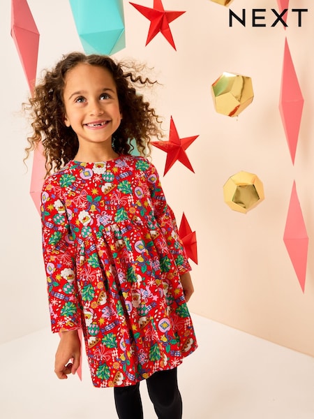 Red Christmas Character Long Sleeve Jersey Dress (3-16yrs) (F80296) | 64 QAR - 89 QAR