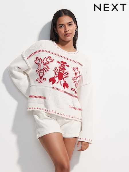 Lagosta white Ecru - Graphic Print Stitch Roll Edge Jumper (F80924) | R$ 400