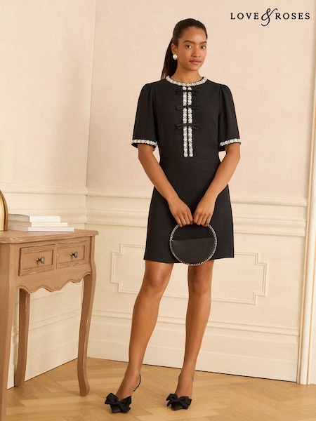 Love & Roses Black Diamonte Bow Mini Dress (F81075) | €93