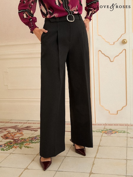 Love & Roses Black Wide Buckle Leg Trousers (F81109) | AED245