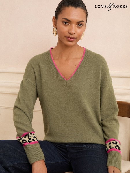 Love & Roses Khaki Animal Stripe Print V-Neck Cosy Knit Jumper (F81132) | 193 QAR