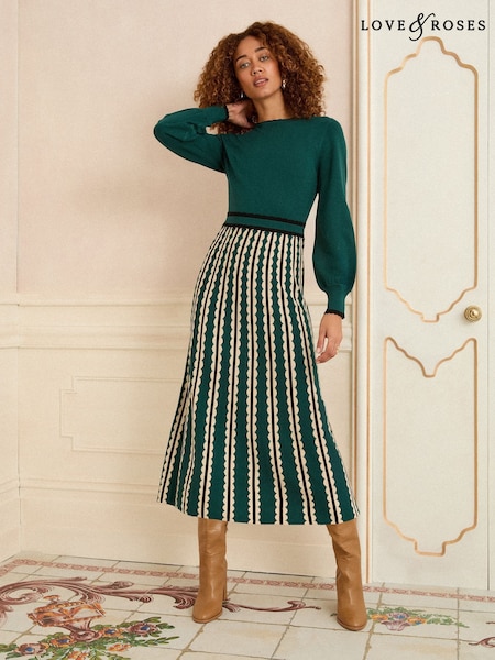 Love & Roses Forest Green Scallop Knitted Midi Dress (F81134) | €88