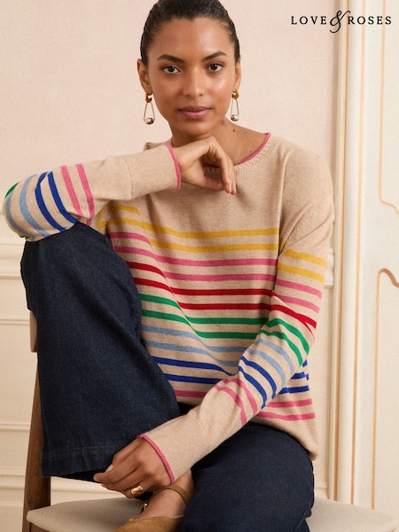 Love & Roses Camel Rainbow Stripe Knitted Jumper (F81135) | €45