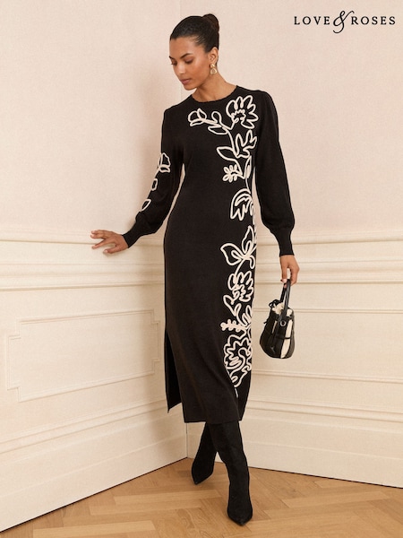 Love & Roses Black Floral Cornelli Knitted Midi Dress (F81154) | €88