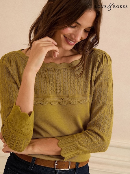 Love & Roses Green Scallop Pointelle Fine Gauge Jumper (F81165) | LEI 290