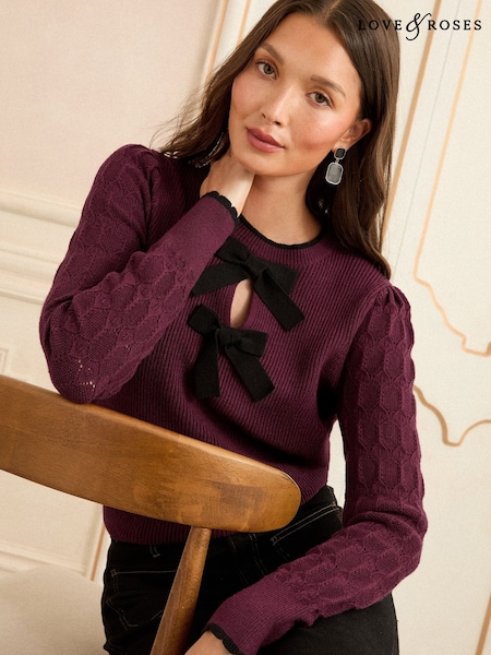 Love & Roses Burgundy Red Crew Neck Pointelle Sleeve Bow Jumper (F81168) | €53