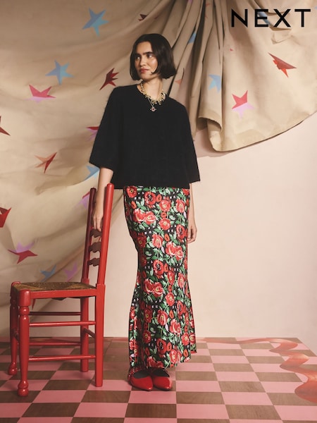Red/Black Roses Silky Satin Midi Skirt (F81190) | AED159