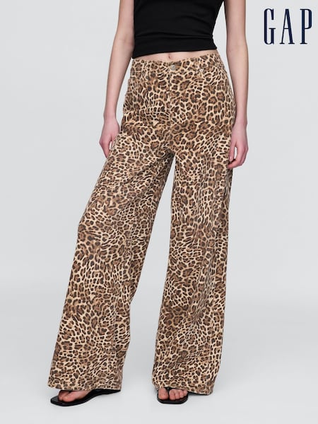 Gap Brown Leopard Print Mid Rise UltraSoft Baggy Jeans (F81273) | €75