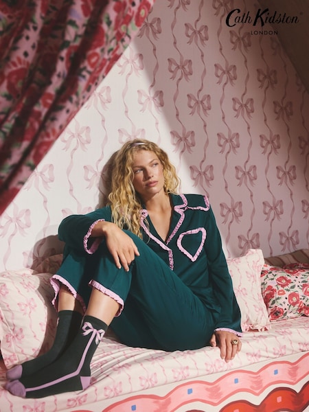 Cath Kidston Dark Green Button Through Frill Heart Pyjamas (F81307) | €69
