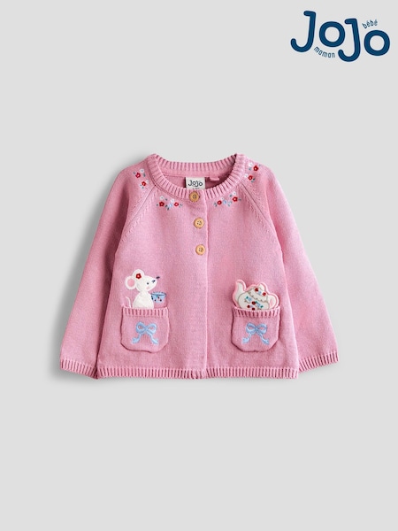 JoJo Maman Bébé Pink Pet in Pocket Applique Cardigan (F81485) | AED169 - AED186