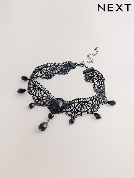 Negro - Lace Bead Drop Choker Necklace (F81630) | 16 €