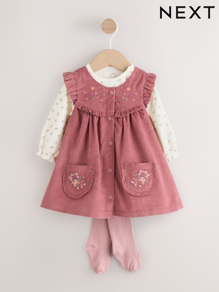 Pink Embroidered Baby Cord Pinafore Long Sleeve Bodysuit & Tights Set (0mths-2yrs) (F81670) | €29 - €32