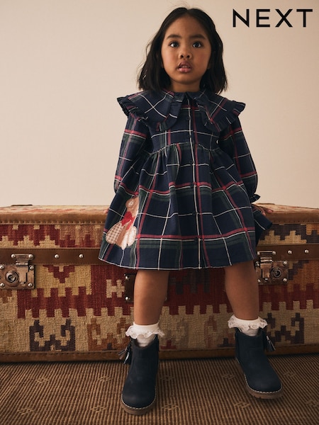 Navy Teddy Bear Long Sleeve Collared Dress (3mths-7yrs) (F81716) | €22 - €25