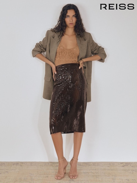 Reiss Chocolate Raye Atelier Laser-Cut Pencil Skirt (F81865) | 16,522 UAH