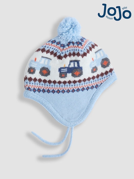 JoJo Maman Bébé Denim Blue Tractor Cosy Pom Pom Rib Hat (F81945) | AED96