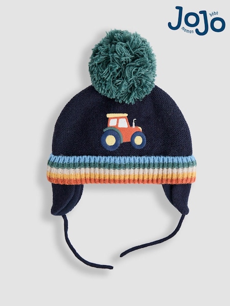 JoJo Maman Bébé Navy Tractor Cosy Pom Pom Rib Hat (F81958) | AED96