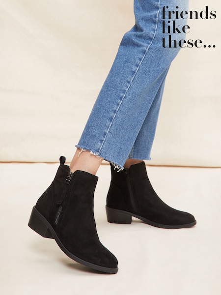 Friends Like These Black Wide Fit Mid Block Heel Side Zip Faux Suede Cuban Boots (F82379) | OMR18