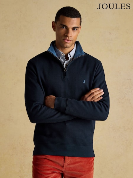 Joules Navy Alistair French Ribbed Knit Quarter Zip Sweatshirt (F82423) | R$ 495