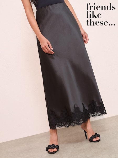 Friends Like These Black Satin Lace Trim Maxi Skirt (F82439) | €53