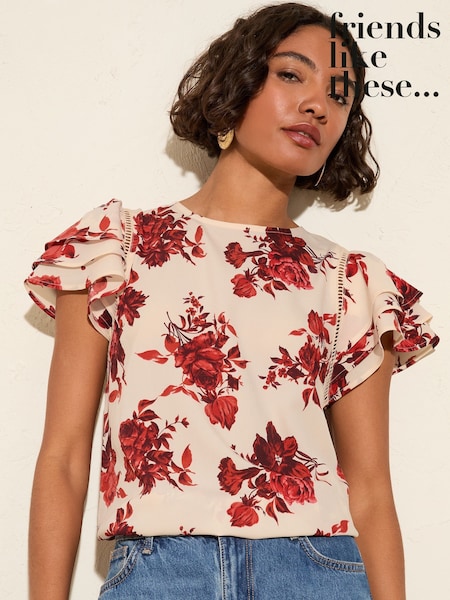 Friends Like These Rose Print Short Ruffle Sleeve Round Neck Blouse (F82490) | €37