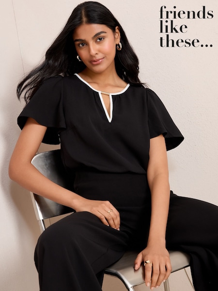 Friends Like These Black Short Angel Sleeve Tipped Trim Blouse (F82500) | €53