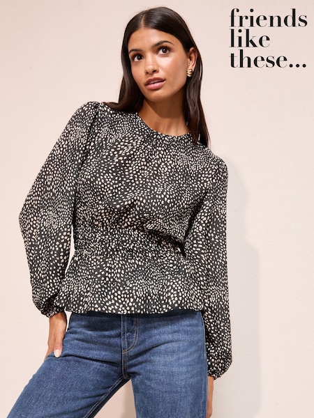 Friends Like These Black Print Shirred Waist Crew Neck Long Sleeve Blouse (F82503) | AED204