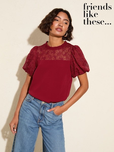 Friends Like These Red Lace Yoke Puff Sleeve Blouse (F82509) | €58