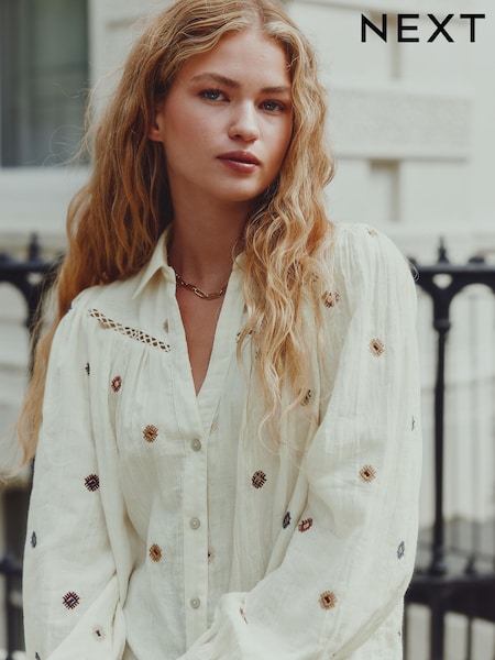 Ecru Embroidered Ladder Insert Long Sleeve Shirt (F82833) | 189 QAR