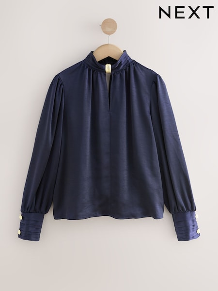 Marinha - Gold Hardware Long Sleeve Satin Blouse (F82887) | R$ 400