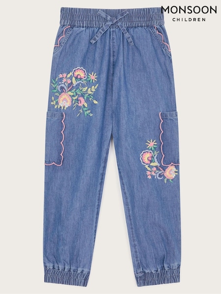 Monsoon Blue Embroidered Chambray Cargo Trousers (F82912) | €32 - €36