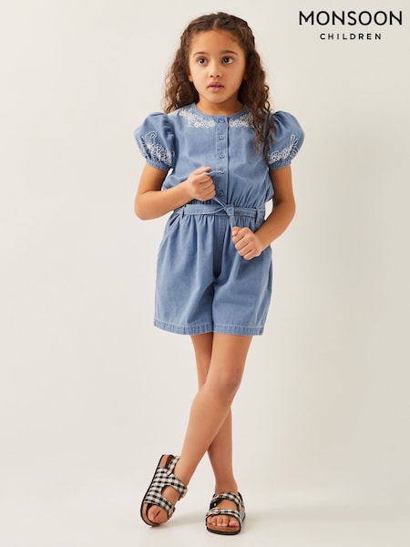Monsoon Embroidered Chambray Short Sleeve 100% Cotton Playsuit (F82915) | 253 LEI - 290 LEI