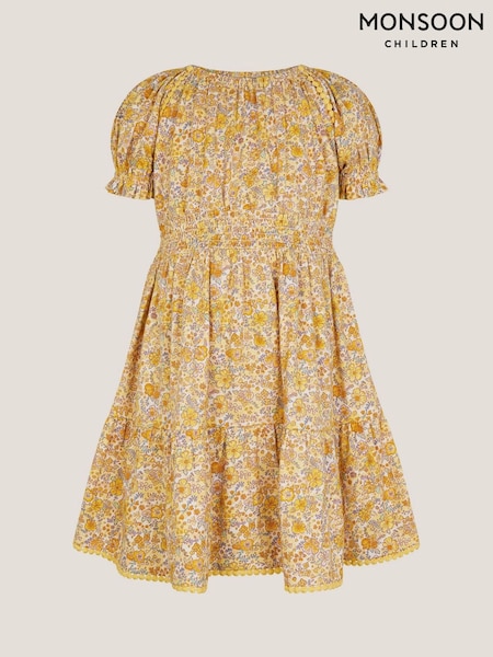 Monsoon Yellow Floral Puff Sleeve Jersey 100% Cotton Dress (F82927) | €28 - €33