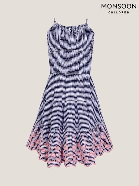 Monsoon Blue Embroidered Gingham 100% Cotton Sun Dress (F82938) | AED242 - AED263