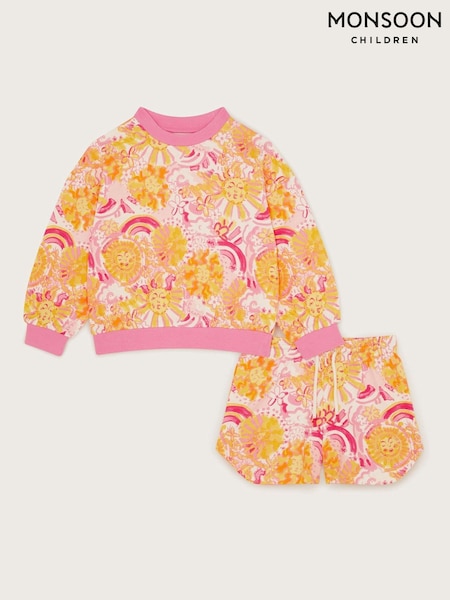 Monsoon Pink 100% Cotton Sun Print Sweatshirt and Shorts Set (F82952) | ₪126 - ₪146