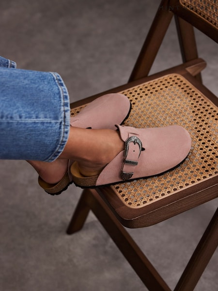 Mint Velvet Pink Roz Pink Western Suede Clogs (F83038) | ₪498