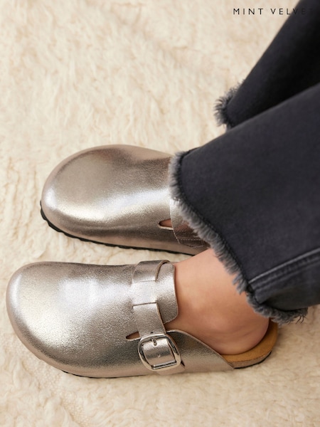 Mint Velvet Silver Roz Metallic Clogs (F83048) | AED577