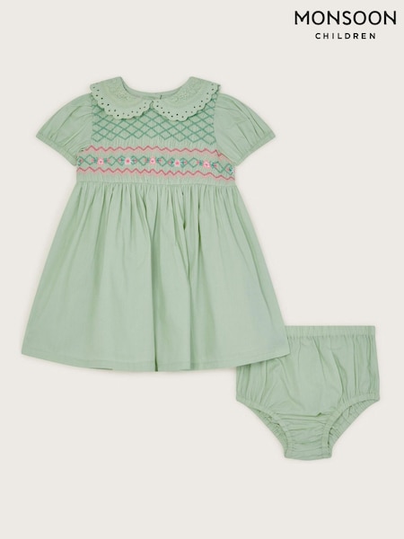 Monsoon Green Baby Embroidered Smock 100% Cotton Dress and Briefs Set (F83064) | ₪161 - ₪171