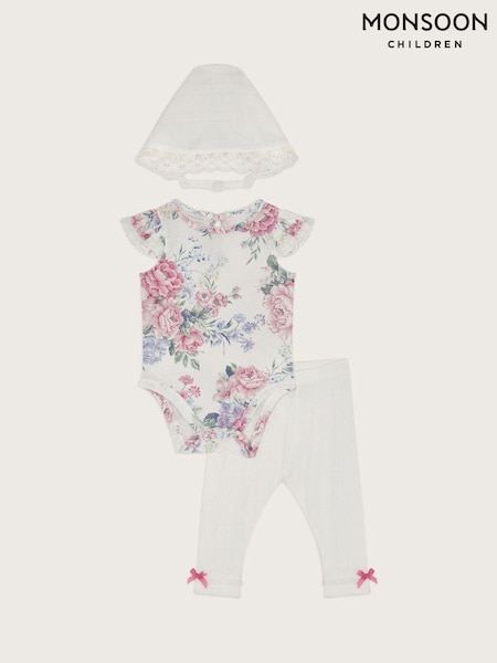 Monsoon Natural Newborn 100% Cotton Floral Pointelle 3-Piece Set (F83065) | kr400